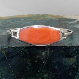 Vintage Mexican Bracelet Genuine Coral Alpaca Silver Hinged Cuff 6-3/8"